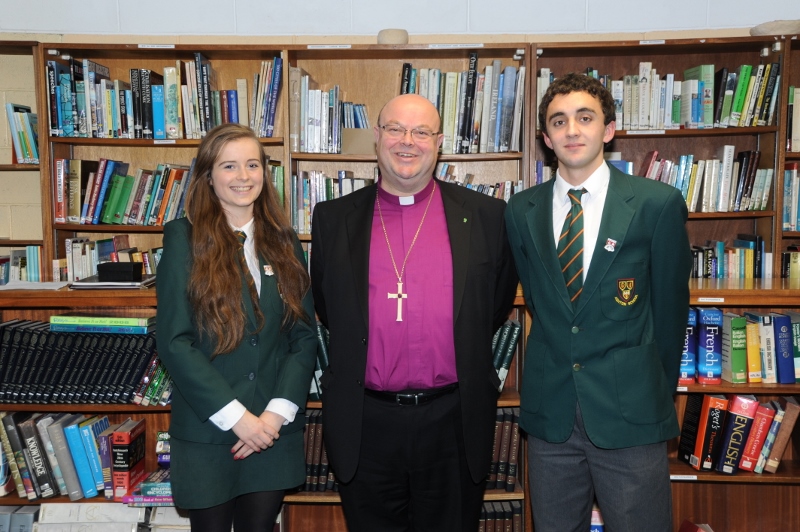 Katie Sheehan Head Girl, Bishop Paul Colton, Gary Wilkinson Head Boy